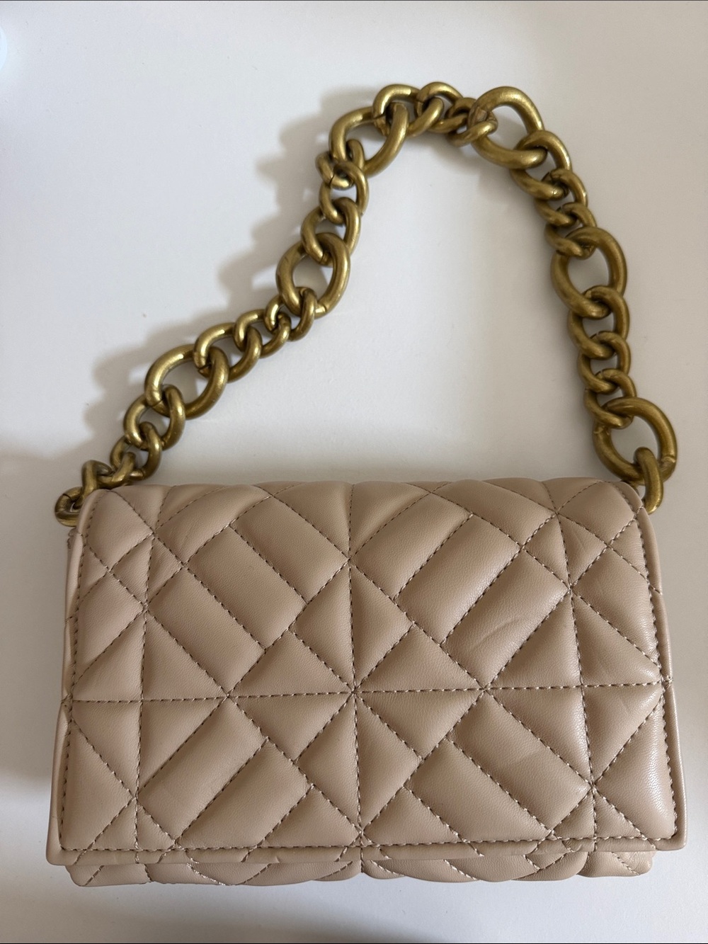 Zara Quilted Taupe Shoulder Bag with Gold Chain